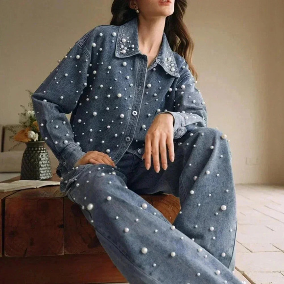 Blue Casual Women's Pearl and Rhinestone Decorated Button-Up Long Denim Blouse - Picture 5 of 7
